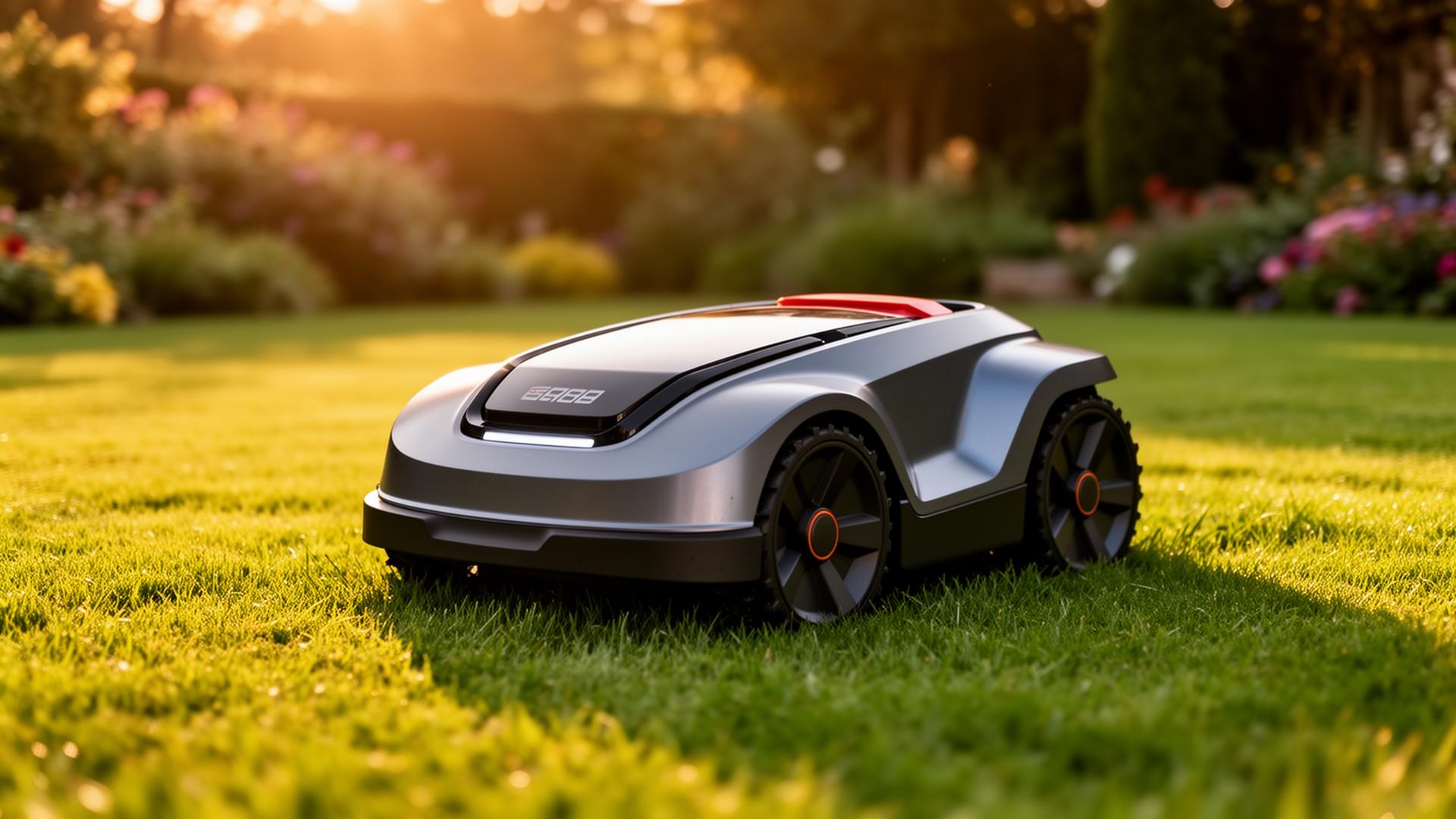ANTHBOT Mähroboter ohne Begrenzungskabel auf gepflegtem Rasen bei Sonnenuntergang